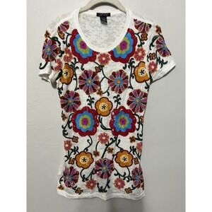 G-lish Women White Burnout Floral Sequin Beaded Embellished T-Shirt Size S